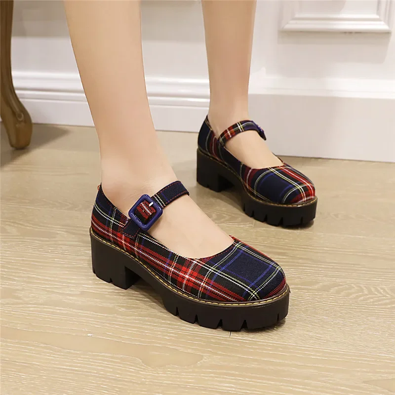 YQBTDL Nylon Leather Vintage Platform Plaid Mary Janes Pumps Women 2021 Four-Seasons High Heel Round Toe Goth Shoes Student New