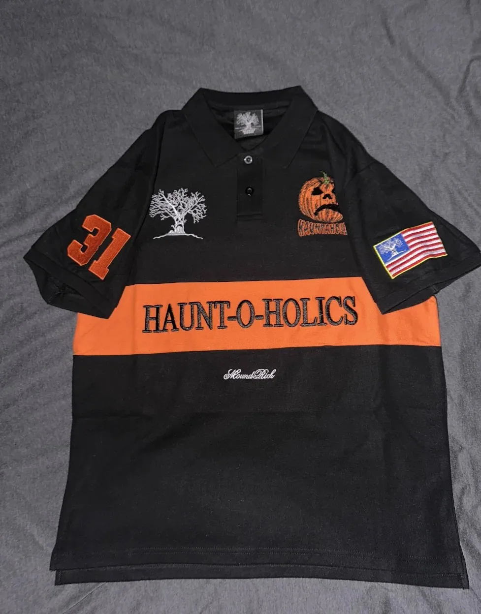 Black HAUNT-O-HOLICS Polo Shirt Y2k America Retro Street Hip Hop