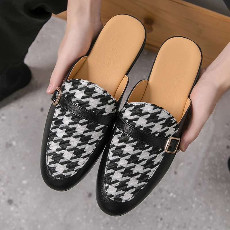 Plus Size 48 Mules Men Backless Casual Shoes Open-back Loafers Slippers Slip On Closed Toe Leather Half Shoes Man Slides Sandal