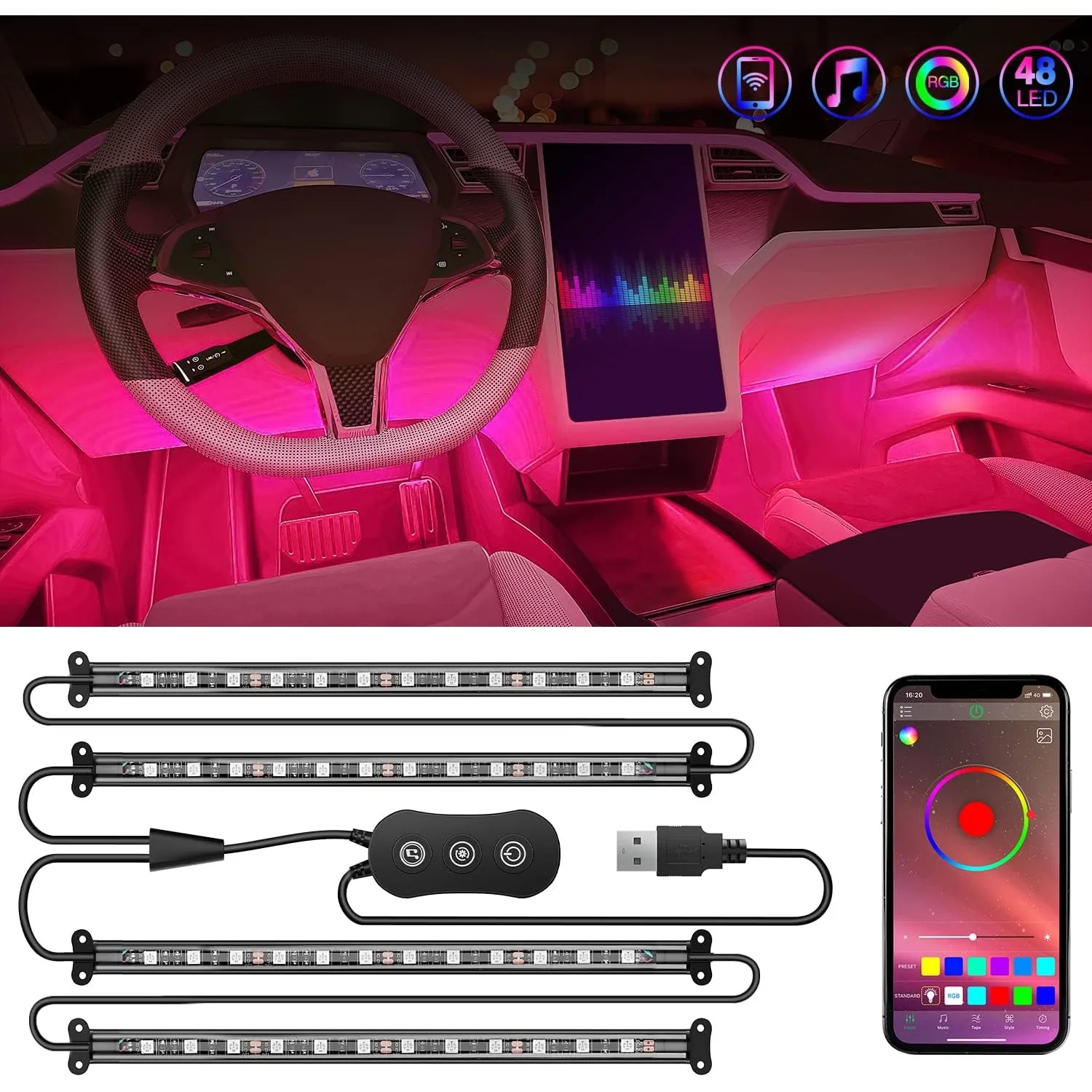 Nilight 4PCS RGB Car Interior LED Strip Lights APP Control Music Active Under Dash Footwell Light Kit for Truck SUV ATV UTV Van