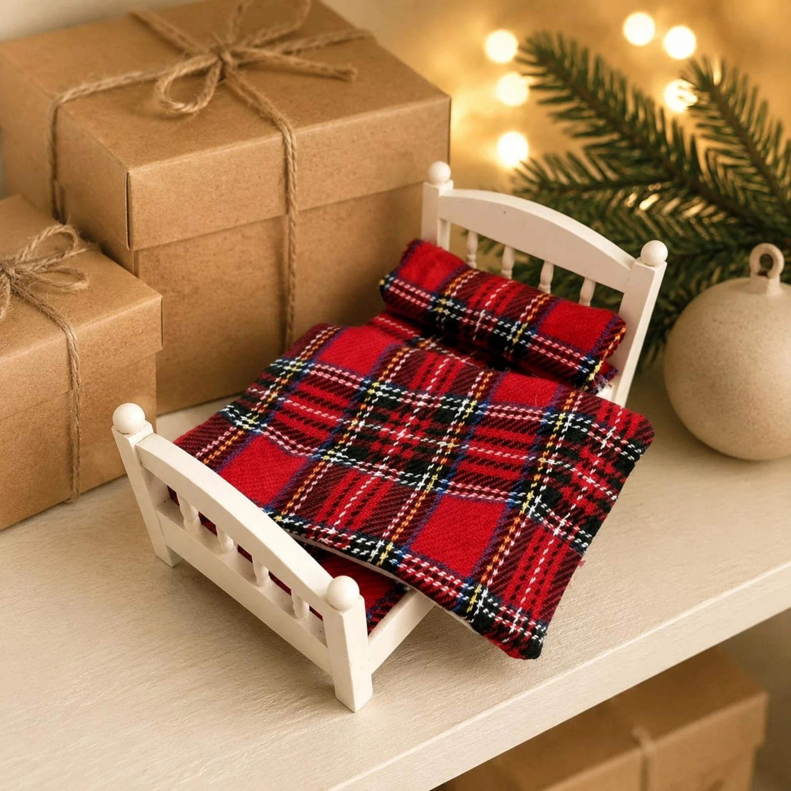 Miniature Baby Crib Red Plaid White Baby Crib Mini Cot Textile Bedding Dollhouse Accessory Flat Blanket-Design Cover view 6