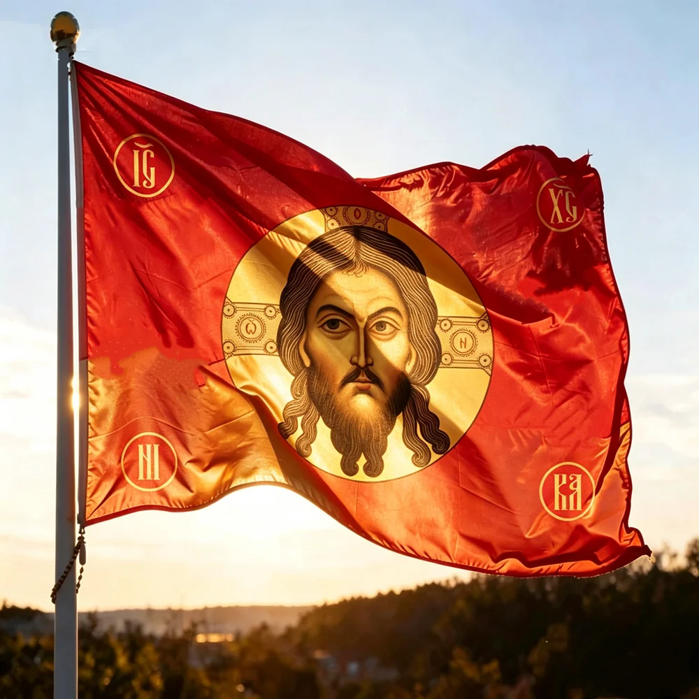 Orthodox Jesus Christ Icon Flag 2x3ft 3x5ft Polyester Hanging Banner, Red Christian Religious Flag Indoor Outdoor Decor