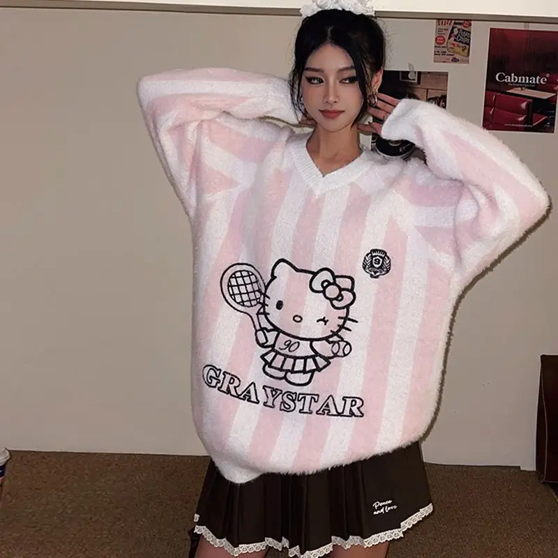 Hot Kawaii Hello Kitty Contrast Color Sweater Women's V-Neck Striped Sanrio Couple Versatile Sweater Casual Cute Tops Sweatshirt