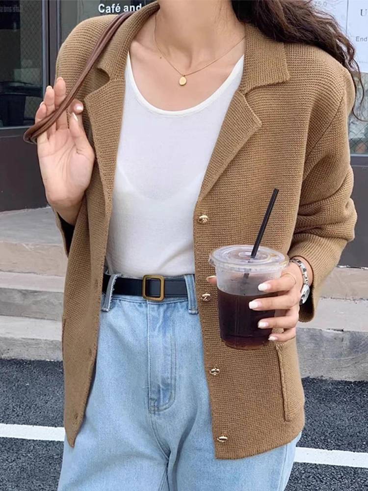 

Chic Early Autumn Single-Button Double-ket Pure Color Long-Sve Suit-Sle Knitted Sweater Coat for Women