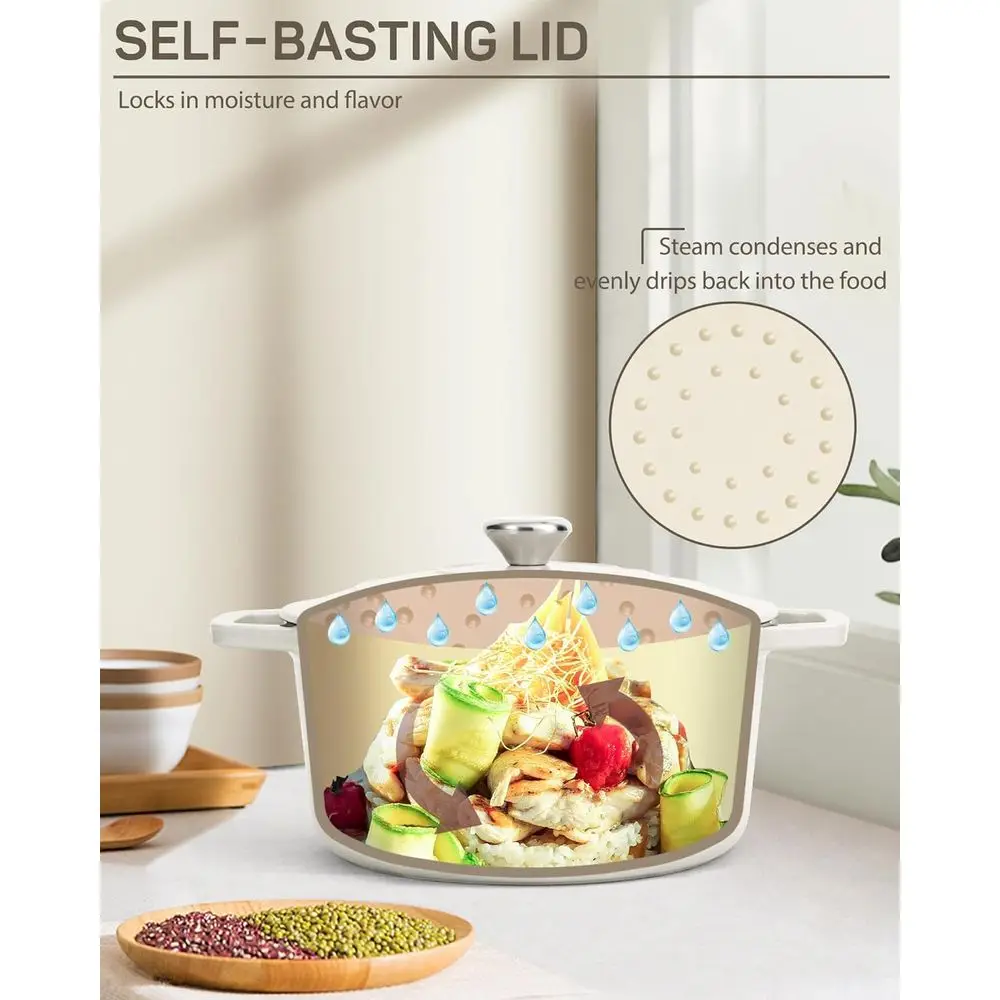 فرن هولندي من الحديد الزهر المطلي بالمينا، 6 كوارت، أبيض فاتح، آمن للفرن، مثالي لخبز الخبز والطهي، مع غطاء ومقابض مزدوجة