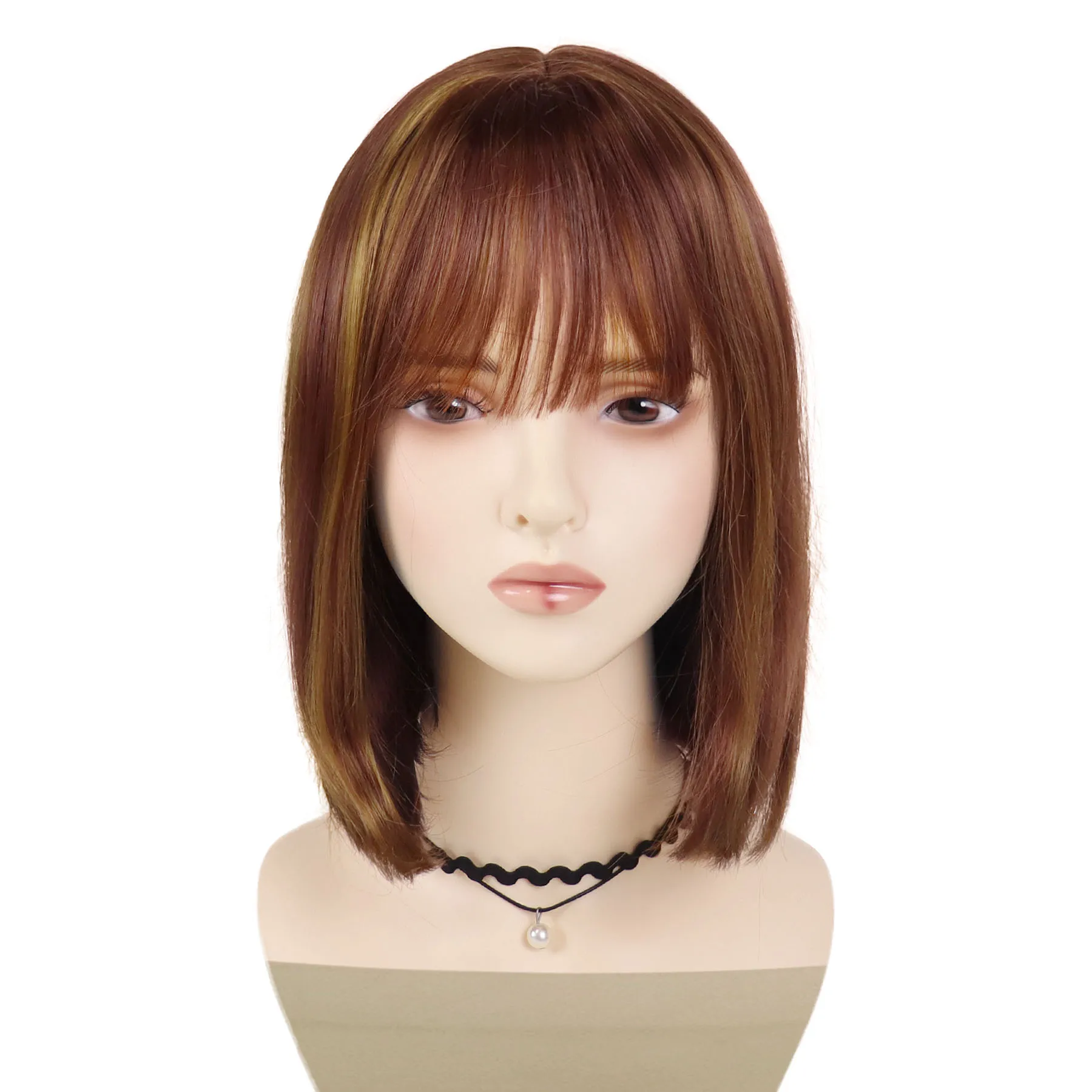 Women's Blonde Mix Auburn Wig Synthetic Highlights Short Bob Wigs with Bangs Straight Hair Daily Cosplay Party Heat Resistant