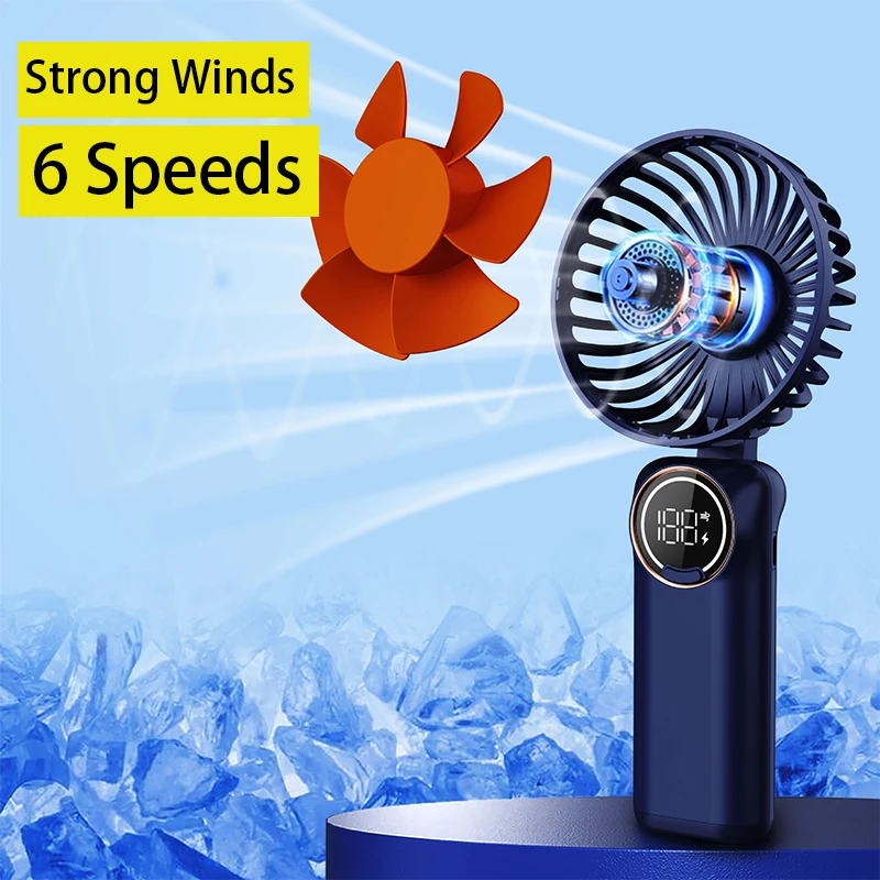 Summer Portable Rechargeable Fan 6 Speeds Strong Wind For  Indoor Outdoor Folding Hanging Neck Handheld Mini Cooling Fan