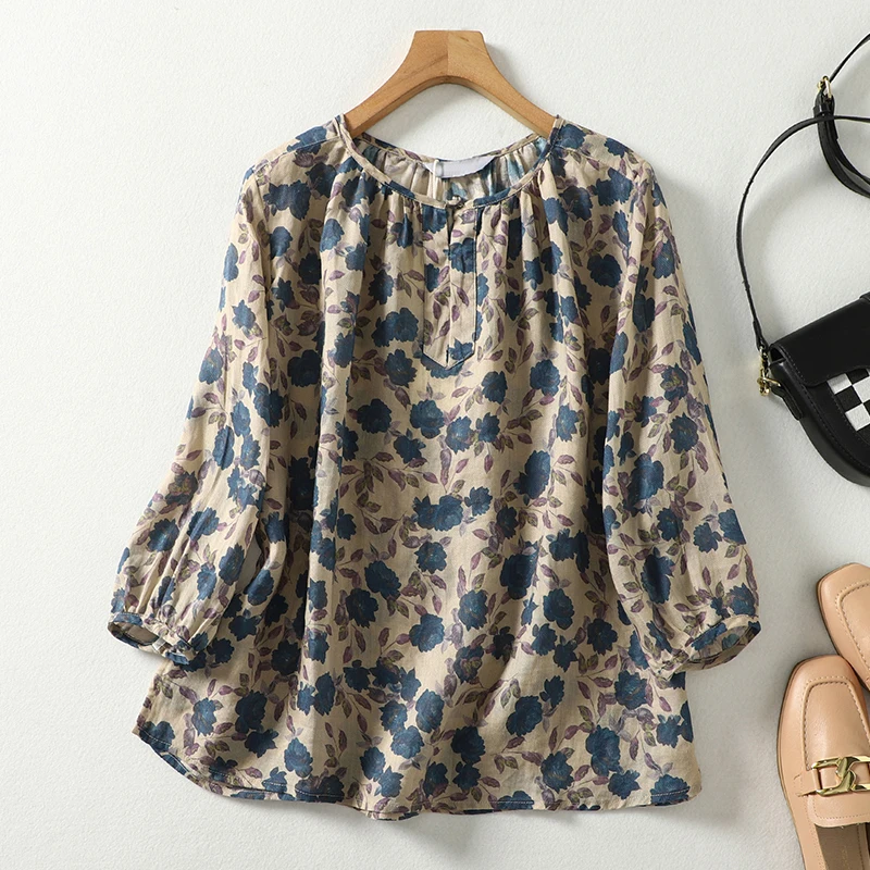 Blue Floral Printing Linen O-Neck Lantern Sleeve T-shirt Loose Women\'s Blouse Shirt Korean Fashion Female Clothing Tops 2024