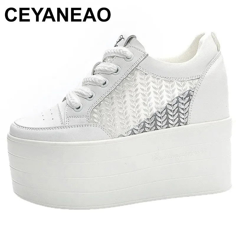 

12cm Air Mesh Chunky Sneakers Wedge Platform Lace Breathable Hollow Shoes Vulcanized Summer Genuine Leather Hidden Heels