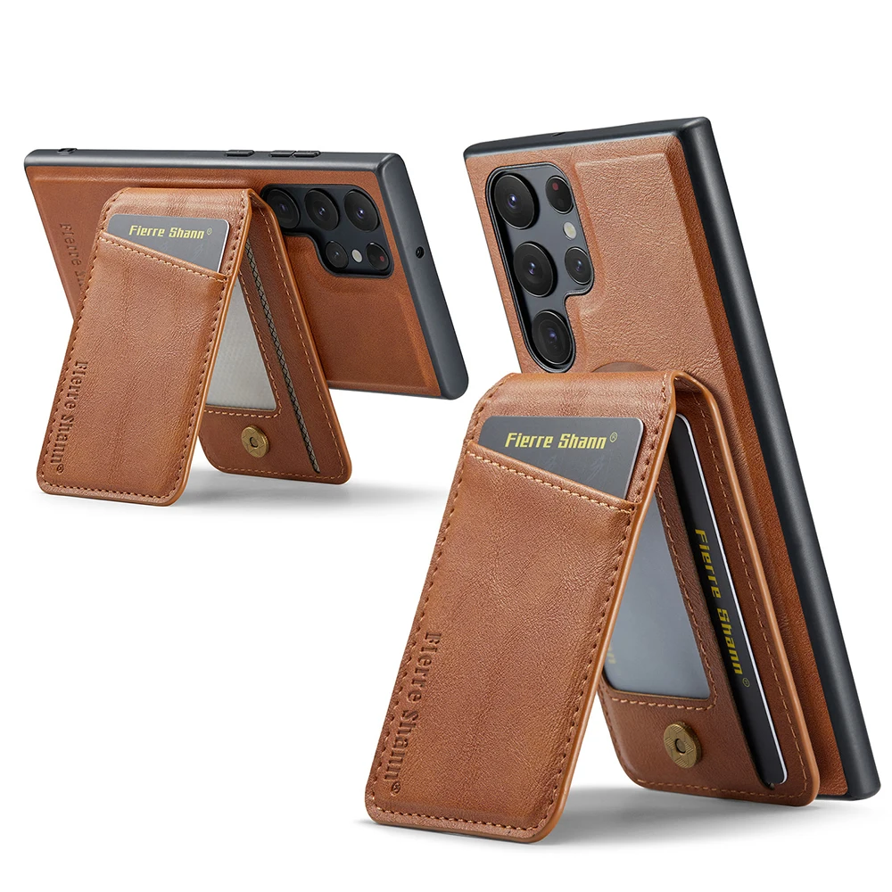Leather for Magsafe Phone Case for Samsung Galaxy S24 S25 S26 Ultra S22 Plus S23 FE Bracket Magnetic Cover with Card Holder L025