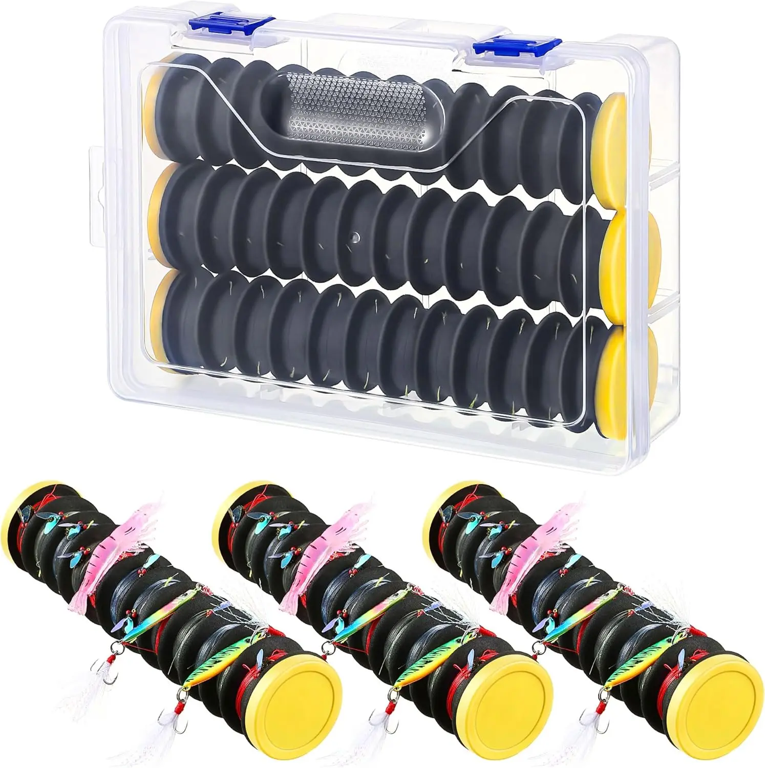 

3 Pcs Fishing Line Storage Organizer, Leader Holder with 12 Slots To Keep Your Lines Tangle Free, Spooler Winder, and Hook Keeper with Rigging Spools