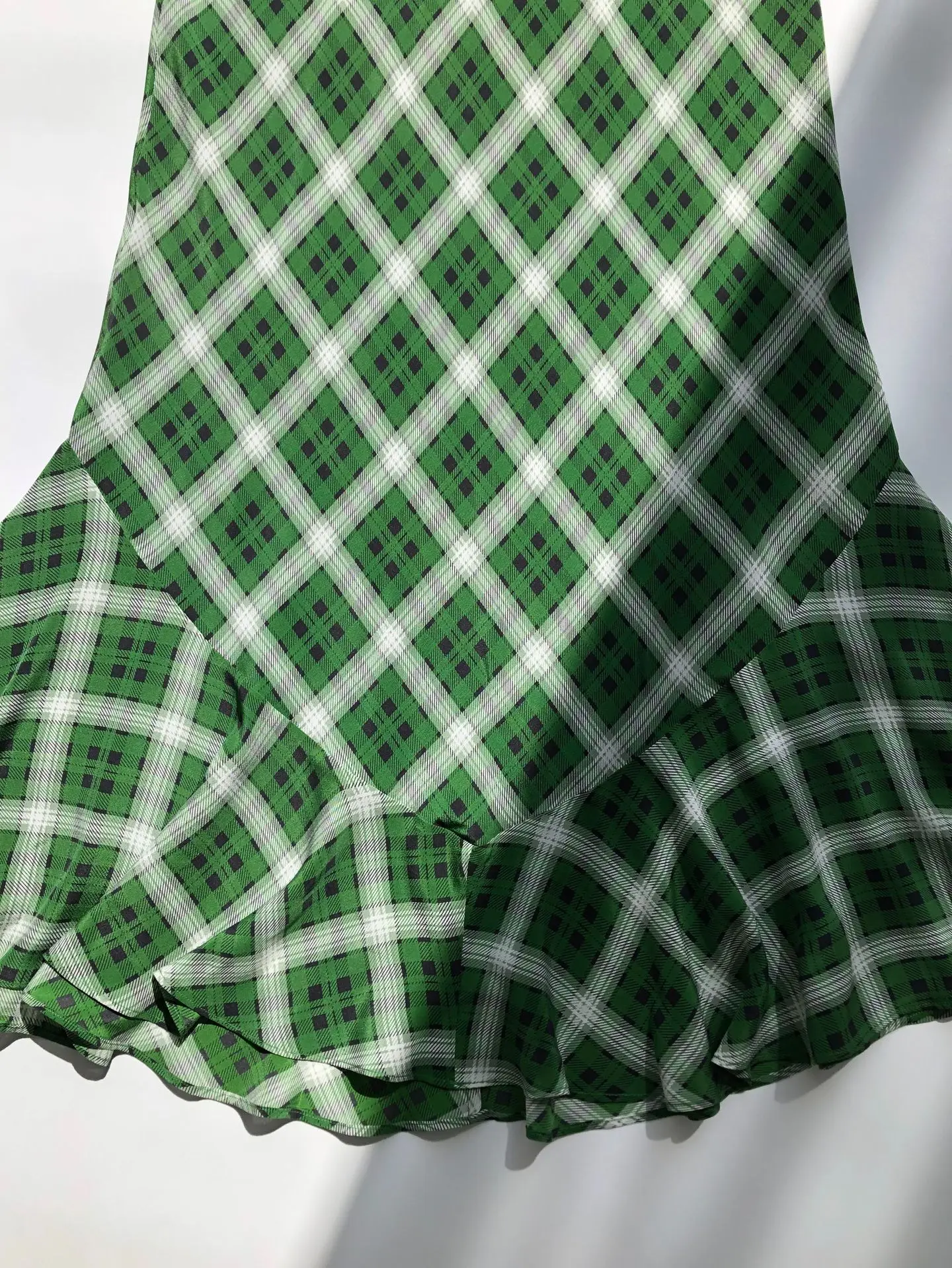 Retro Green Plaid 100% Silk Fishtail Dress French Luxury Bias-Cut Long Skirt Maxi Slip Dresses Beach Vocation Camisole Dress