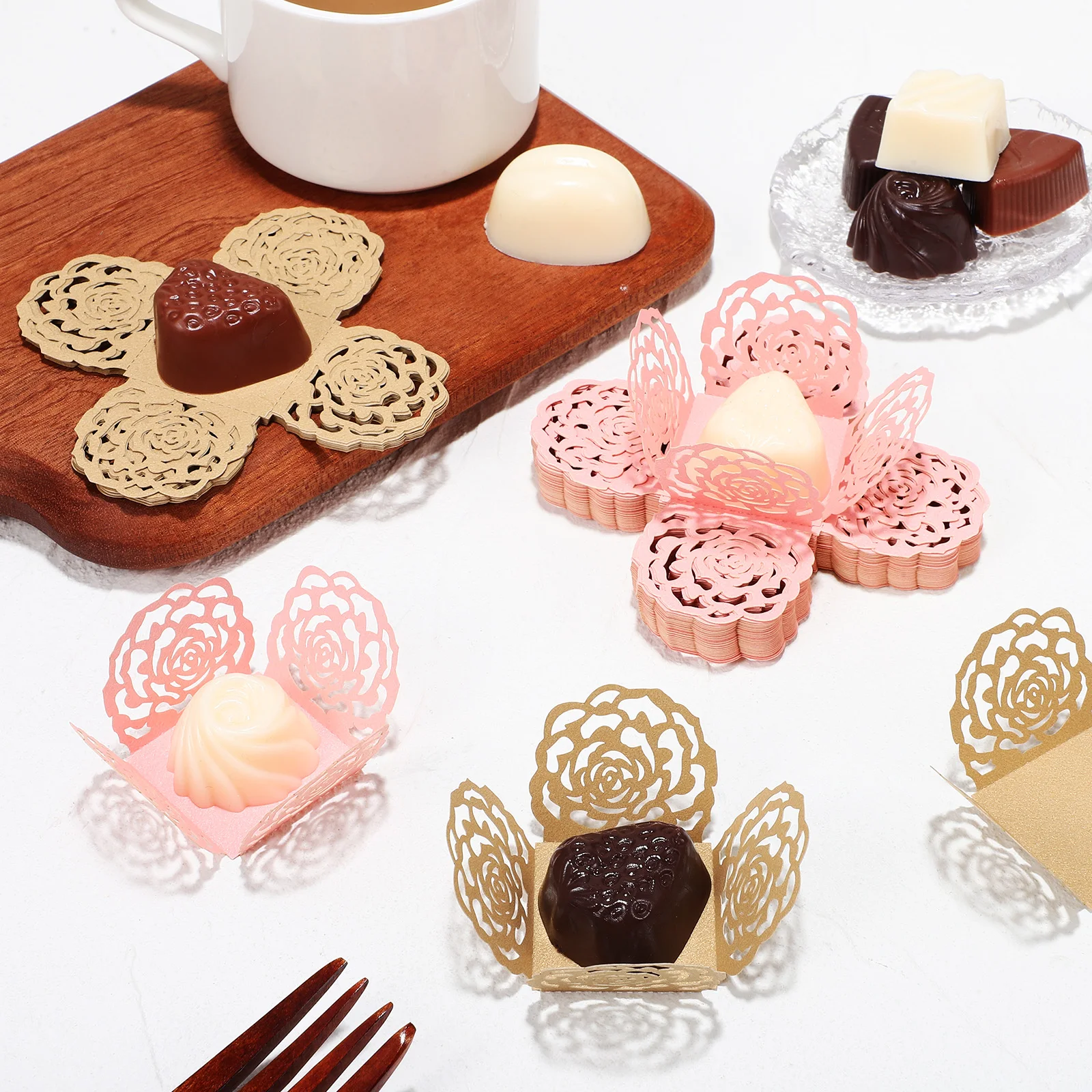 

100 pcs Chocolate Cups Rose Design Truffle Wrappers For Desserts Candy Packaging Baking Cups Party Wedding Supply