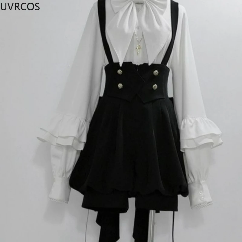 Japanese Gothic Y2k 2 Piece Set Women Sweet White Bow Shirts Trailing Black Strap Skirt Mini Pants Casual Vintage Princess Suit