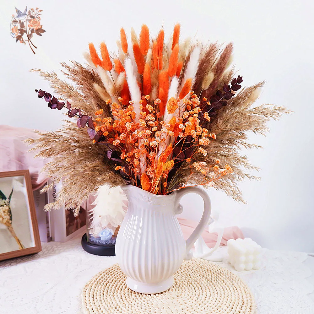 120 Pièces d'Arrangements Floraux Séchés Thème Automne : Gypsophile Orange, Herbe de la Pampa, Queues de Lapin et Feuilles d'Eucalyptus Conservées pour Thanksgiving, Halloween et Décoration Bohème