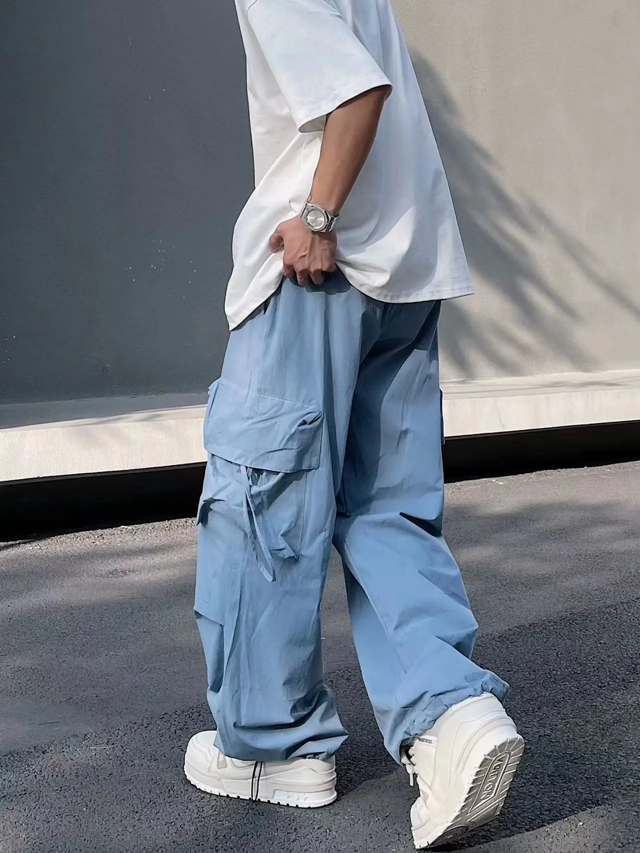 Men's Parachute-Style Hip-hop Street Overalls Oversized Cargo Pant Harajuku Loose Solid Color Casual Pants Y2K Pants Streetwear