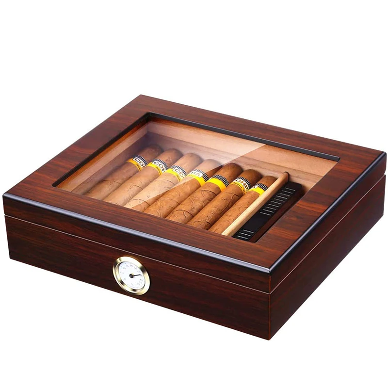 Glass Cigar Humidor Made Humidor 20-25 For - Solid Spanish Cigars, Top Hygrometer Cedar, With Humidifier Of Accessories And