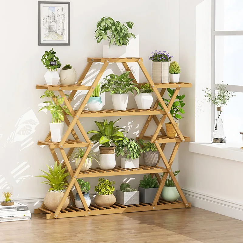 Large Foldable Multi-layer Indoor Flower Pot Stand Balcony Flower Stand Floor-to-ceiling Rack Solid Wood Shelf Planter Organize