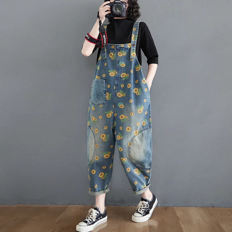 

Sunflower Print Overall Strap Jeans Womens Denim Suspenders Cowboy Jumpsuits Long Pants Pocket Floral Rompers Free Shipping