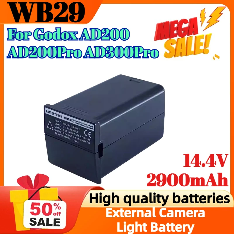

WB29 14.4V 2900mAh Replacement Battery for Godox Outdoor Pocket Flash AD200 AD200Pro AD300Pro External Camera Light Battery