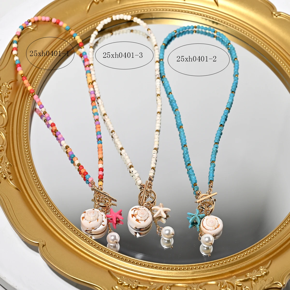 Conch Shell Pendant Necklace with 4mm Artificial Turquoise Bohemia Chain & Faux Pearl Starfish Pendant Charms Jewelry