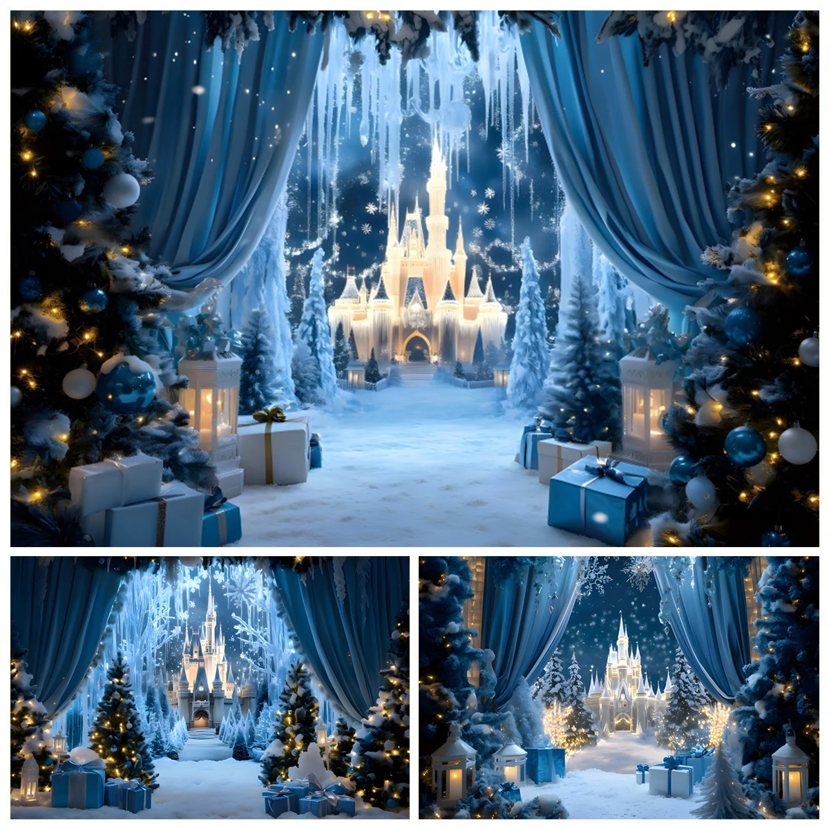 

Winter Snow Castle Backdrop Blue Curtain Snowflake Frozen Wonderland Forest Kids Birthday Party Christmas Photography Background