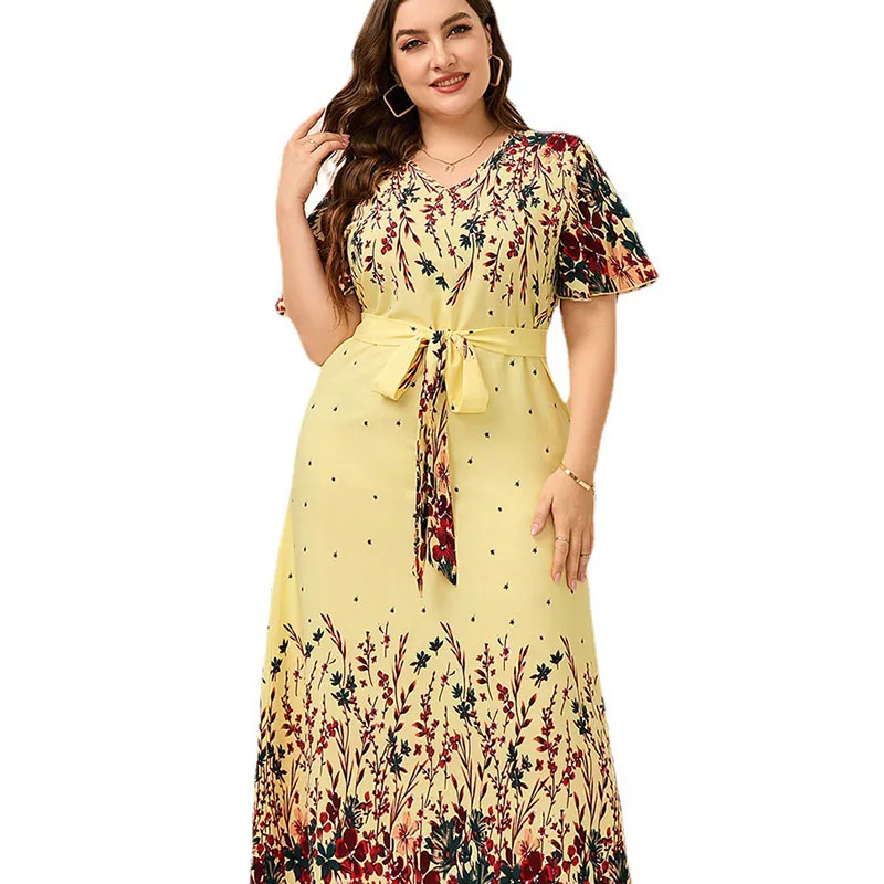 L-5XL V-Neck Plus Size Dresses Women\'s Bilateral Printed Short Sleeve Party Dresses Fashion Tie High Waist Casual Vacation Dress