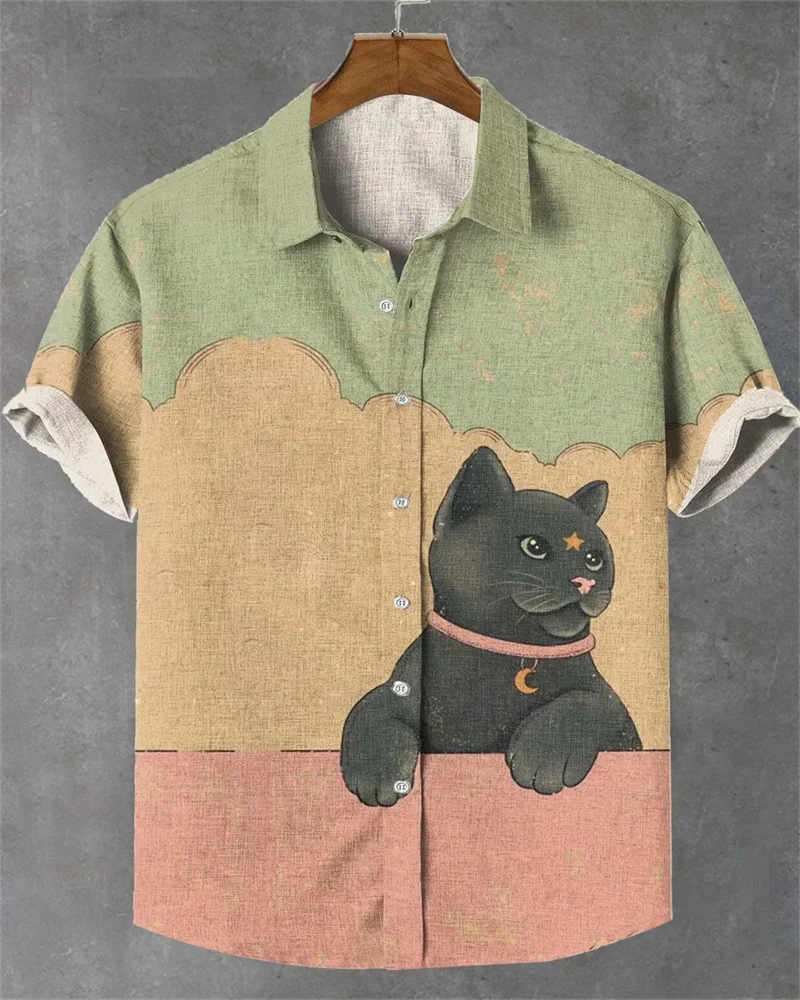 Men's short-sleeved shirt Hawaiian casual comfortable men's lapel top cat print bamboo linen large size men's shirt summer 5XL