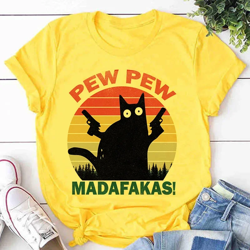 Pew Madafakas Print T-shirt Women Murderous Black Cat With Gun Funny Yellow T Shirt Short Sleeve Halloween Tops Femme Tshirt