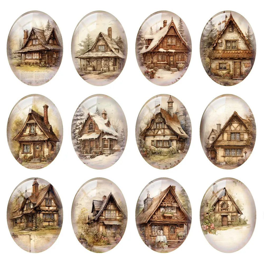 Random Mixed Round/Oval/Square Vintage Fairy Tale Cottage Photo Glass Cabochon Flatback Demo Cameo For Diy Jewelry Making