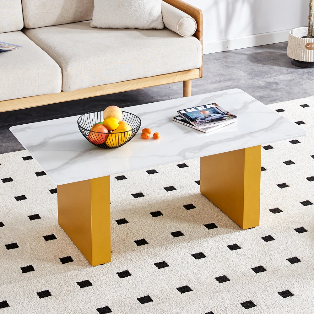 Modern minimalist tempered glass with decal tabletop coffee table and dining table, paired with gold MDF decorative columns.