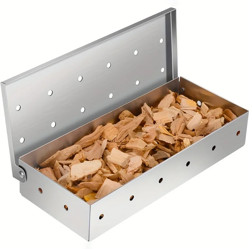 Räucherbox aus Edelstahl mit Holzspäne und Klappdeckel für Holzkohle- und Propangrills – perfekt für Camping- und Outdoor-Grills