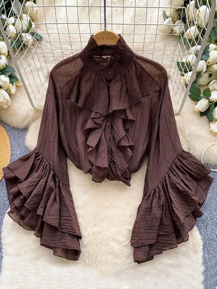 

Women Shirt Ruffle Collar Trumpet Sleeve Blouse Early Spring Sheer Layered Chic Office Wear Loose Fit Youthful Top Female BL323