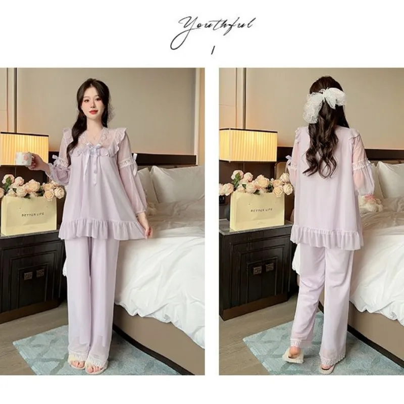 2023 nuove donne del pigiama primavera autunno a maniche lunghe Loungewear con scollo a v Flower Bud Bow Slim Set viola Homewear Chest Pad Sleepwear