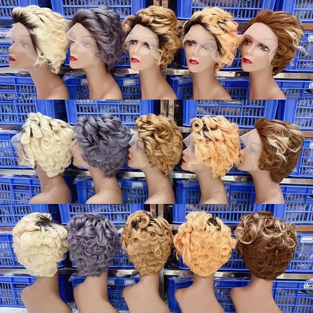 Toocci Short Pixie Cut Wig Multicolor Kinky Curly Human Hair Wig Transparent T Part Lace Wigs for Black Women Pre Plucked Hair