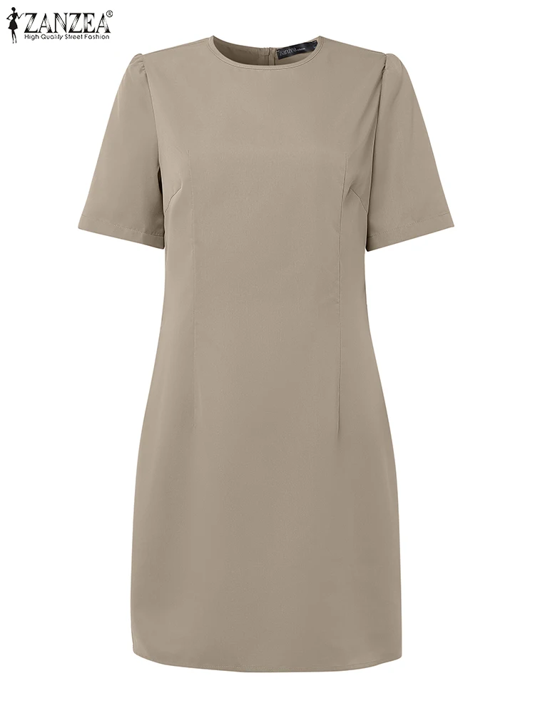 

ZANZEA Fashion Fitted Waist Knee-length Dress Short Sleeve Solid Woman Summer Robes Femme Office Commute Elegant O-Neck Vestidos