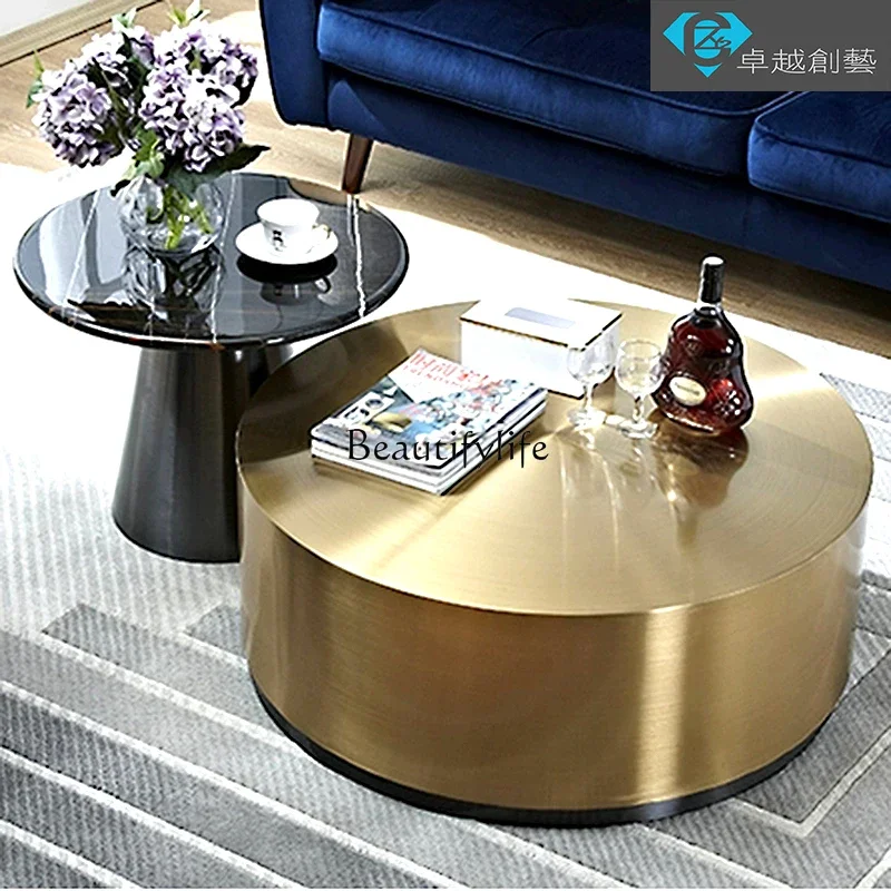 

06Light Luxury Round Simple Creative Designer Marble Tea Table Living Room Home High and Low Combination Tea Table