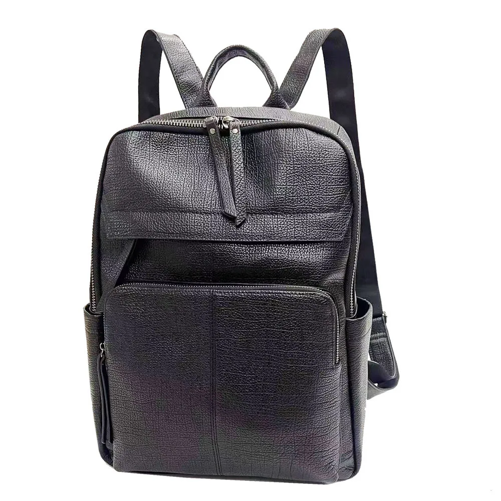 Large Man Genuine Leather Travel Backpack Black Cow Leather Laptop Daypack Mult-pocket Computer Rucksack for Work Daily Use