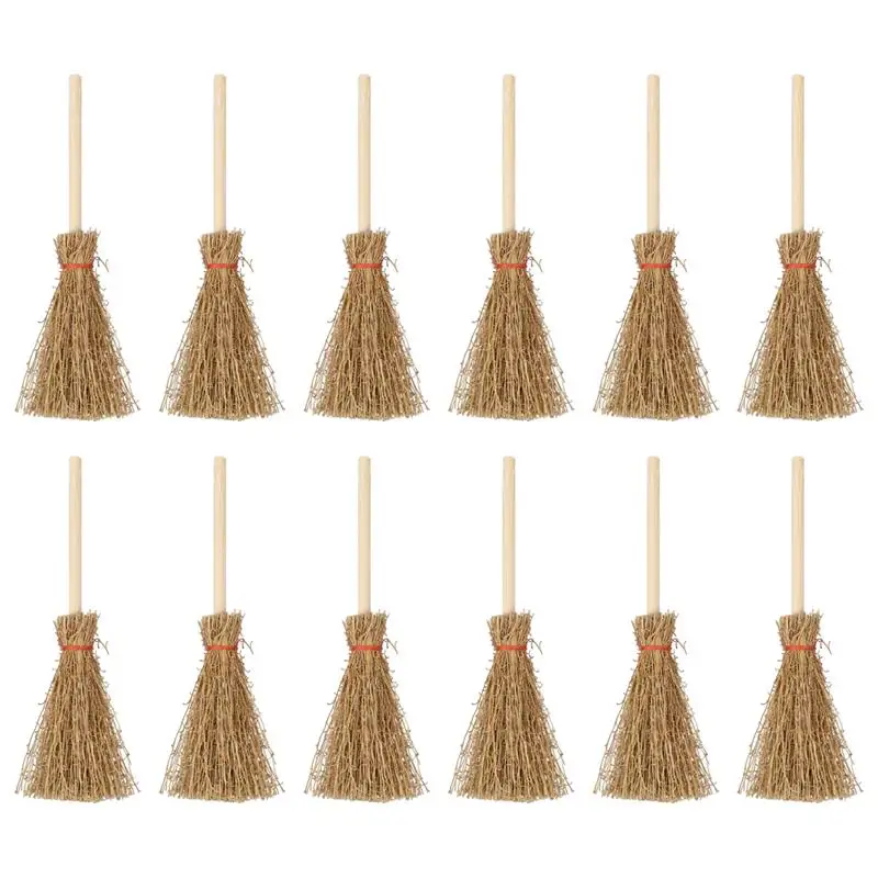 12Pcs Hand-Woven Brooms Miniature Wooden Witch Broom Props Witch Broomstick Halloween Cosplay Props Halloween Hanging Decoration