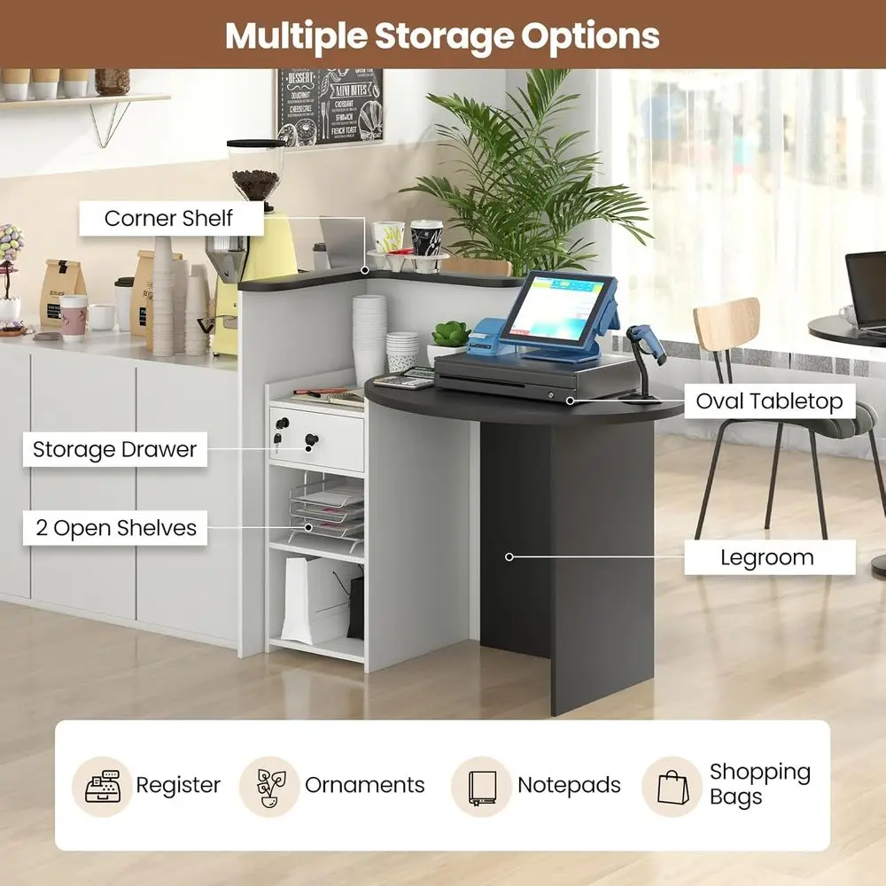 طاولة بيع بالتجزئة مقاس 48 بوصة مع درج قابل للقفل ورف تخزين، وطاولة استقبال على شكل حرف L، ومكتب كمبيوتر خشبي للصالون والمطعم، والإيقاف #5