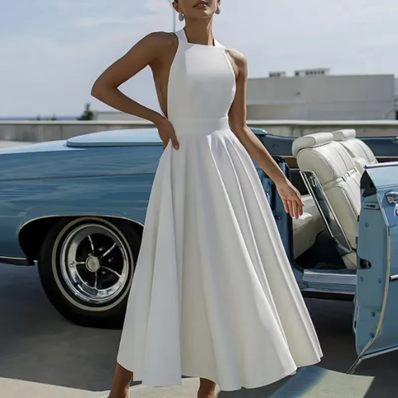

2025 Sexy Solid High Waist Long Dress Women Elegant Halter Lace-up Bow Party Dresses Summer Sleeveless Backless Boho Dress