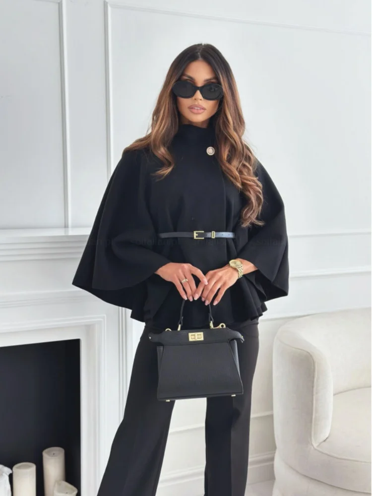 Batwing Sleeve Cape Coat with Belt Streetwear Clothing High Neck Single Button Poncho Blouses Elegant Clothes for Woman