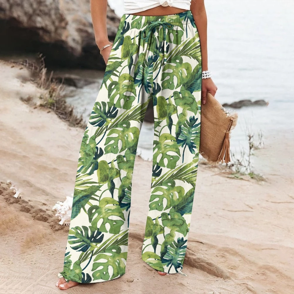 

Tropical Print Drawstring High-Waisted Wide-Leg Pants Palm Print Relaxed Fit Drawcord Pants women’s Wide-Legged Drawstring Pants