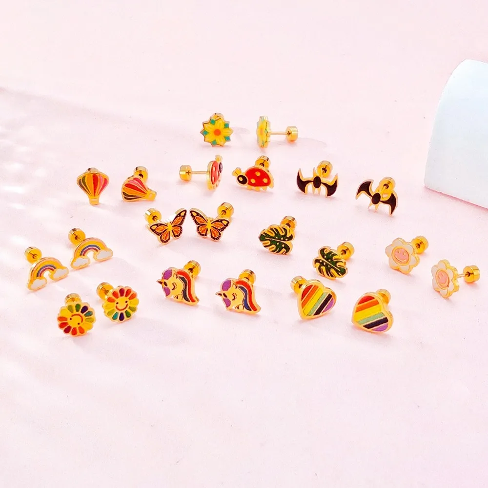 3Pairs Random Cartoon Enamel Stud Earrings Stainless Steel Anti-allergy Piercing Earrings Jewelry Gift