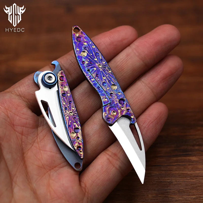 

Star Sky Hand Carving Mini Titanium Alloy Camping Knife Sharp Folding Knife Carry-on Keychain Gift Knife Pendant EDC