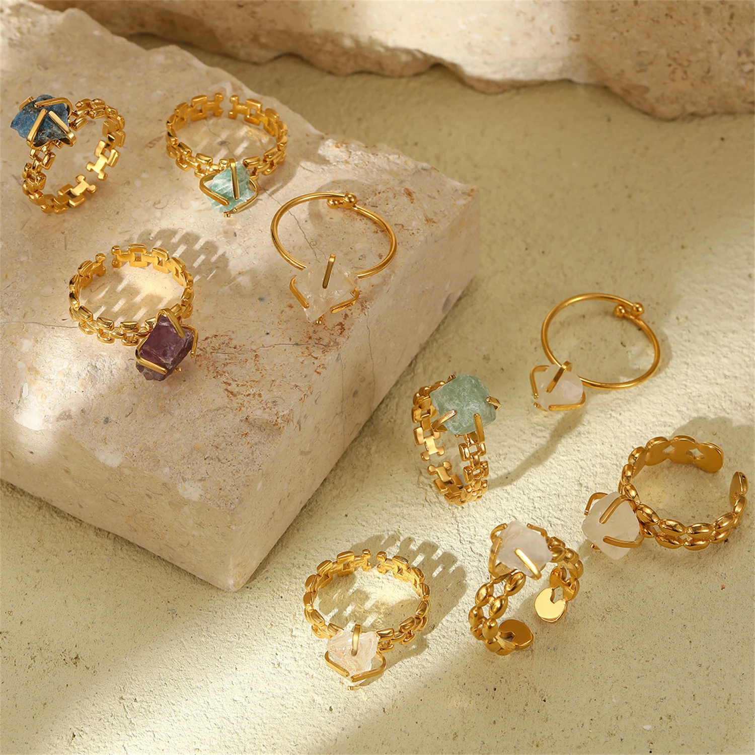 

WAKA Unique Women's Irregular Raw Stone Rings Chain & Geometric Design Bohemian Vintage Trendy Statement Jewelry for Party Daily