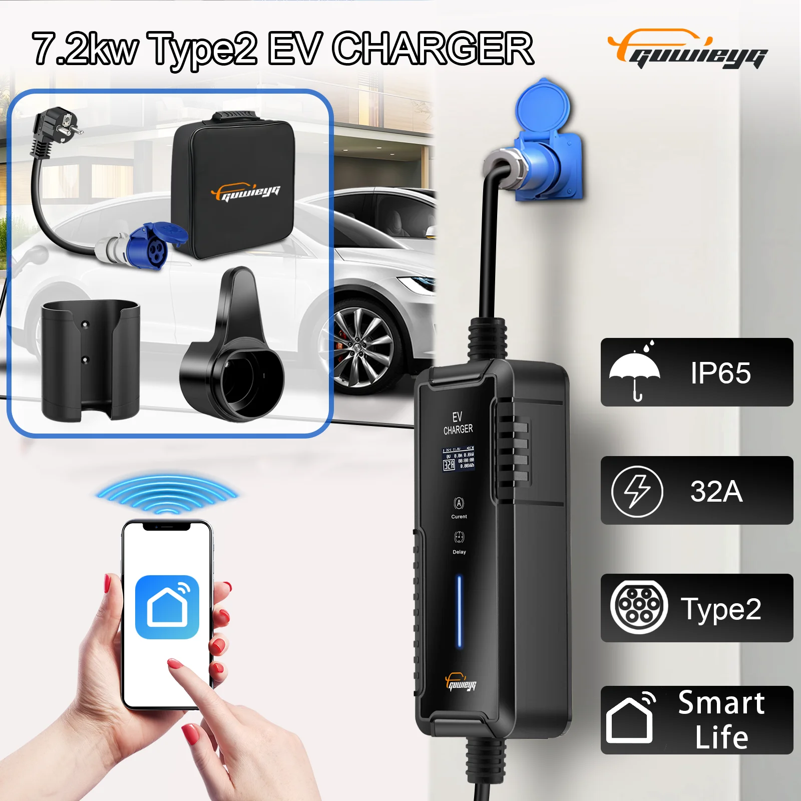 GUWIEYG EV Portable Charger Type2 Charging Box APP Control 7KW 32A 1Phase 5Meter Electric Vehicle