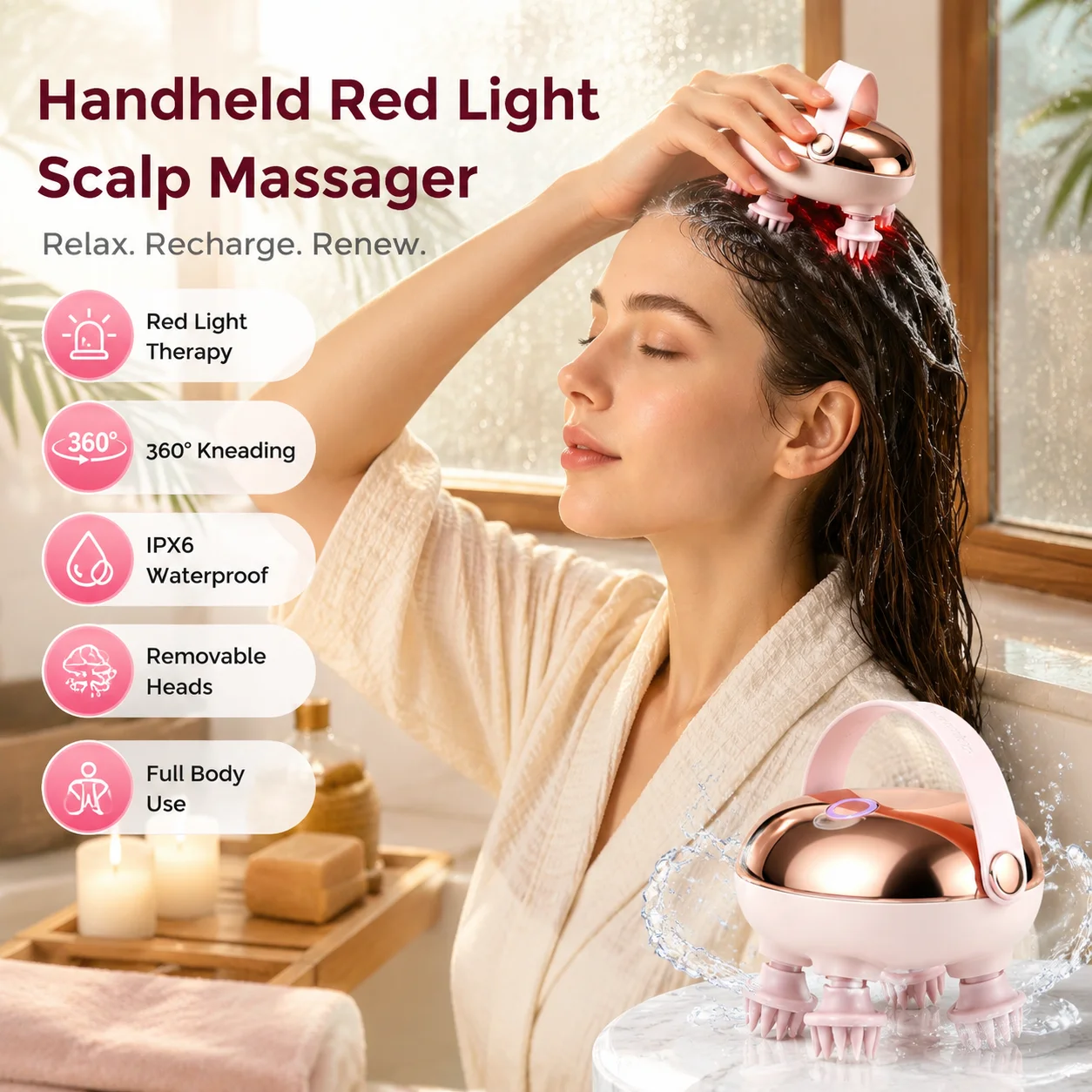 Handheld Scalp Massager with Red Light 360° Kneading Waterproof Rechargeable for Head Body Relaxation 2 Speeds 900mAh Type C