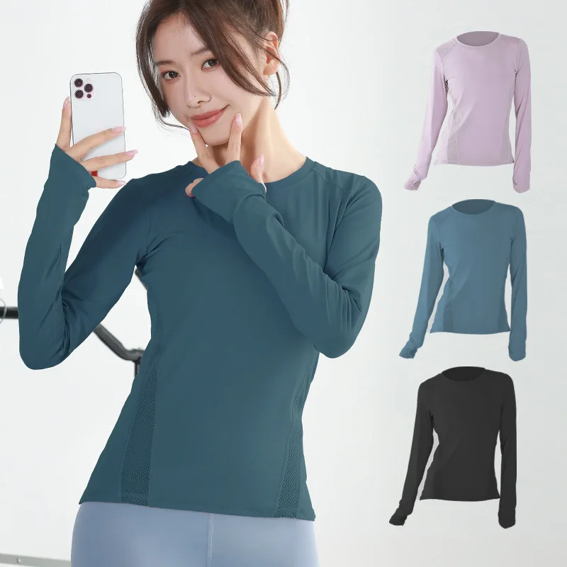 Beautiful back yoga wear long sleeve sports top women's mesh panel crew neck quick-dry running fitness sports t-shirt