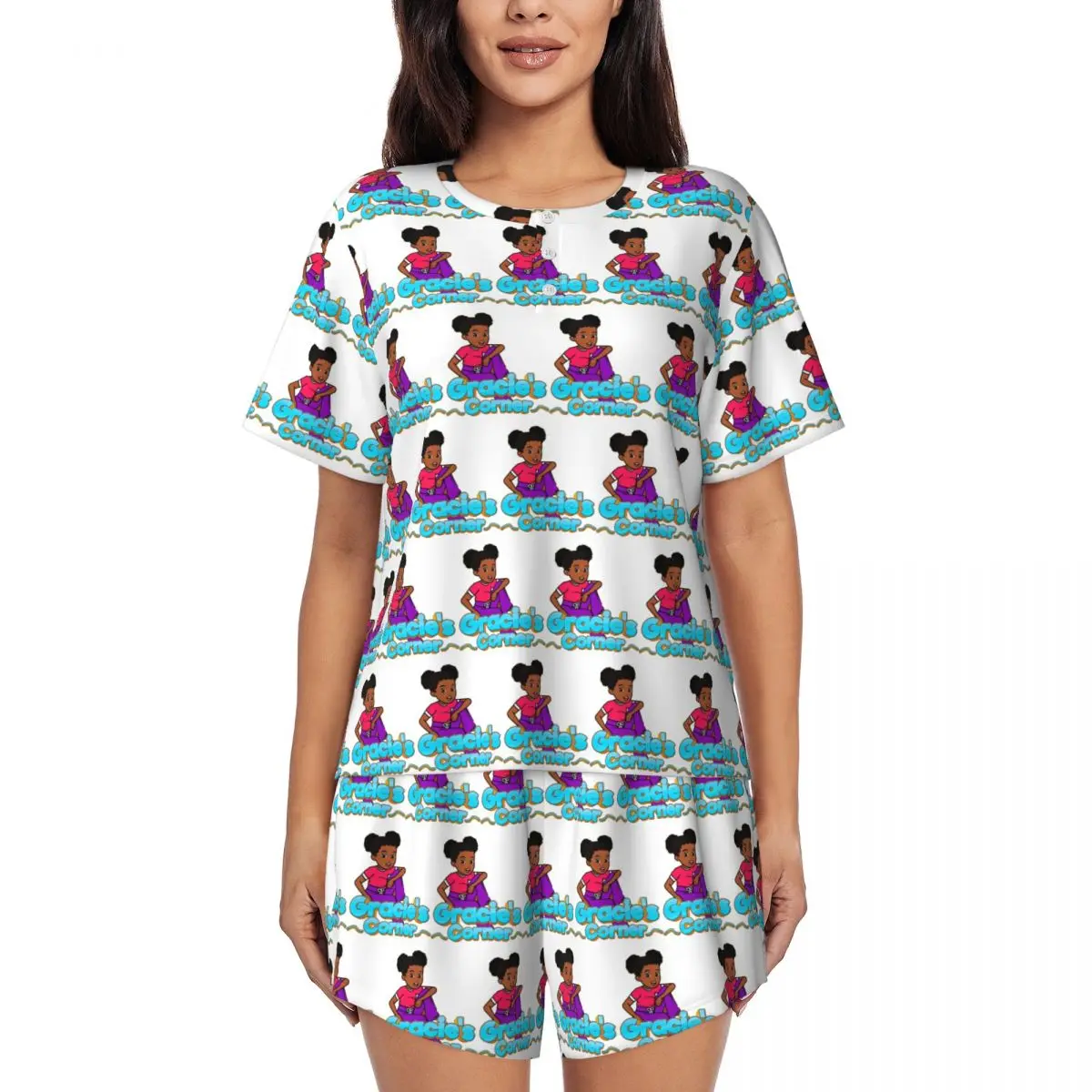 

Gracies Family Corner Cute Phonic's Song Round Neck Short Sleeves Nightdress for Sleeping Women Soft Pajama Set Short Pants